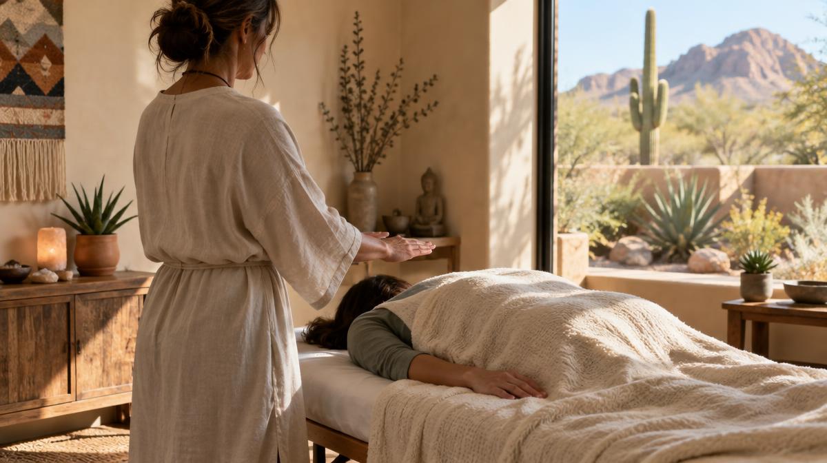 A quiet Reiki session in a Scottsdale wellness room with natural light and desert views.