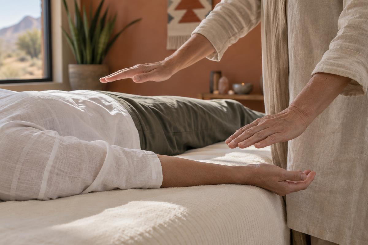 Practitioner's hands hover above a clothed client during a gentle, no-touch Reiki session.