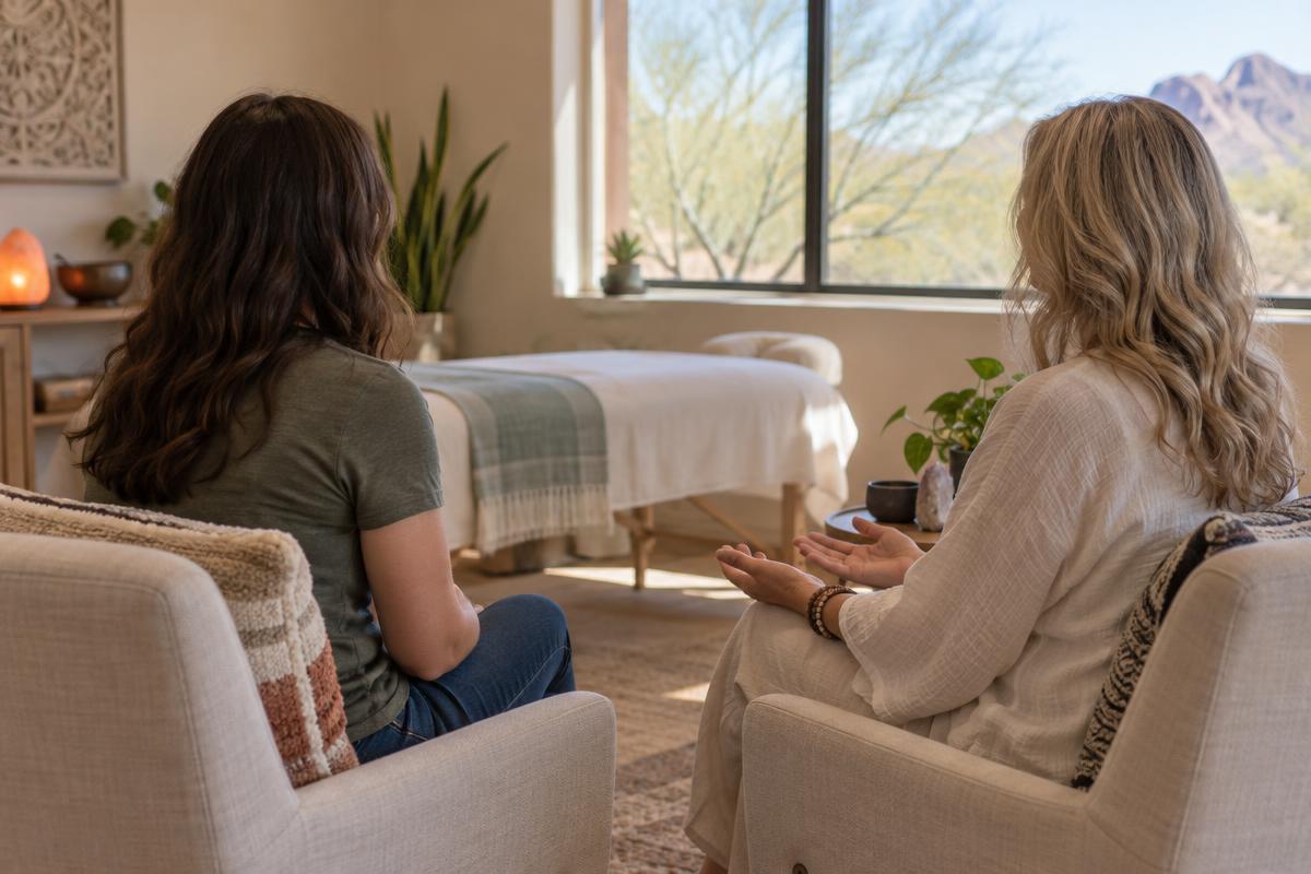 A client and Reiki practitioner discuss comfort and session preferences in a Scottsdale studio.