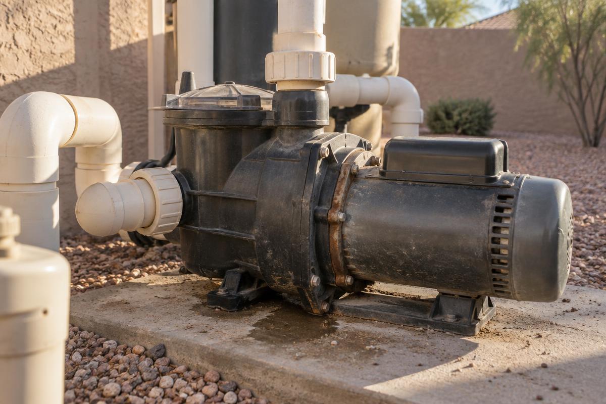 Close-up of a pool pump motor and damp plumbing connection on a Gilbert equipment pad.