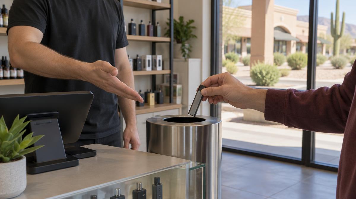 Staff-monitored vape collection point at a Mesa retail checkout counter.
