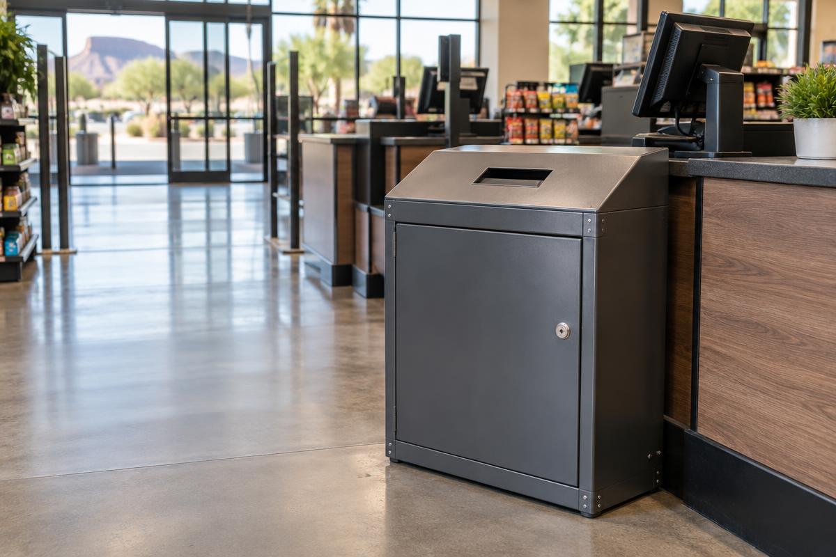 Sturdy indoor vape collection bin beside a Mesa store counter, within easy staff view.