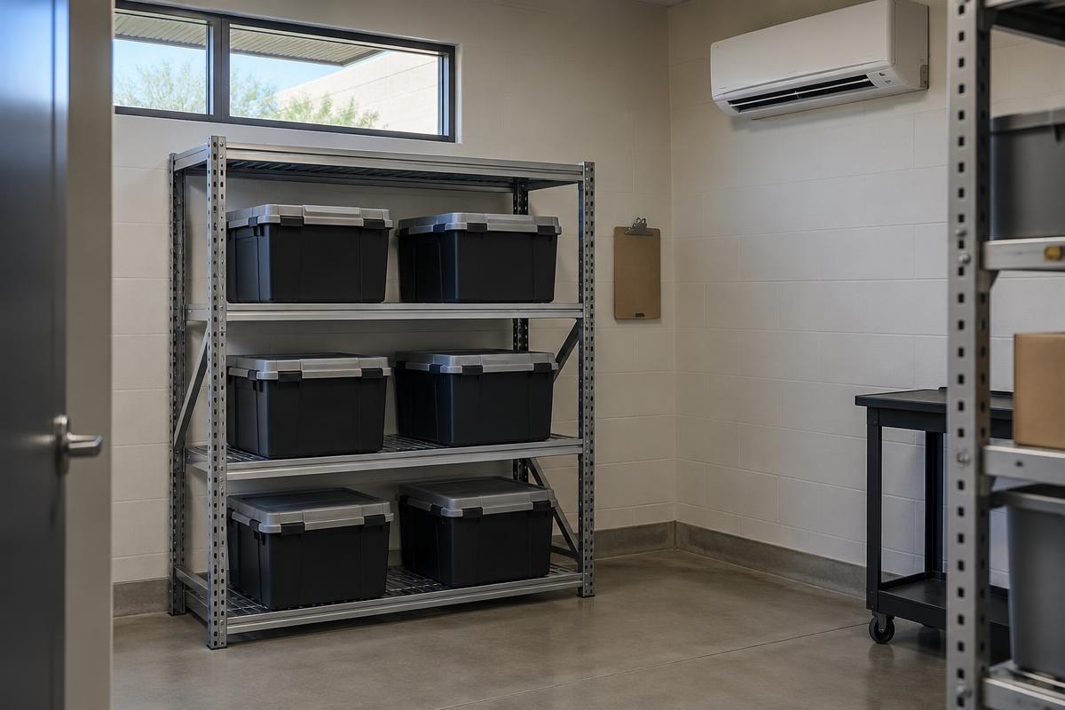 Closed collection containers stored off the floor in a climate-controlled Mesa retail back room.