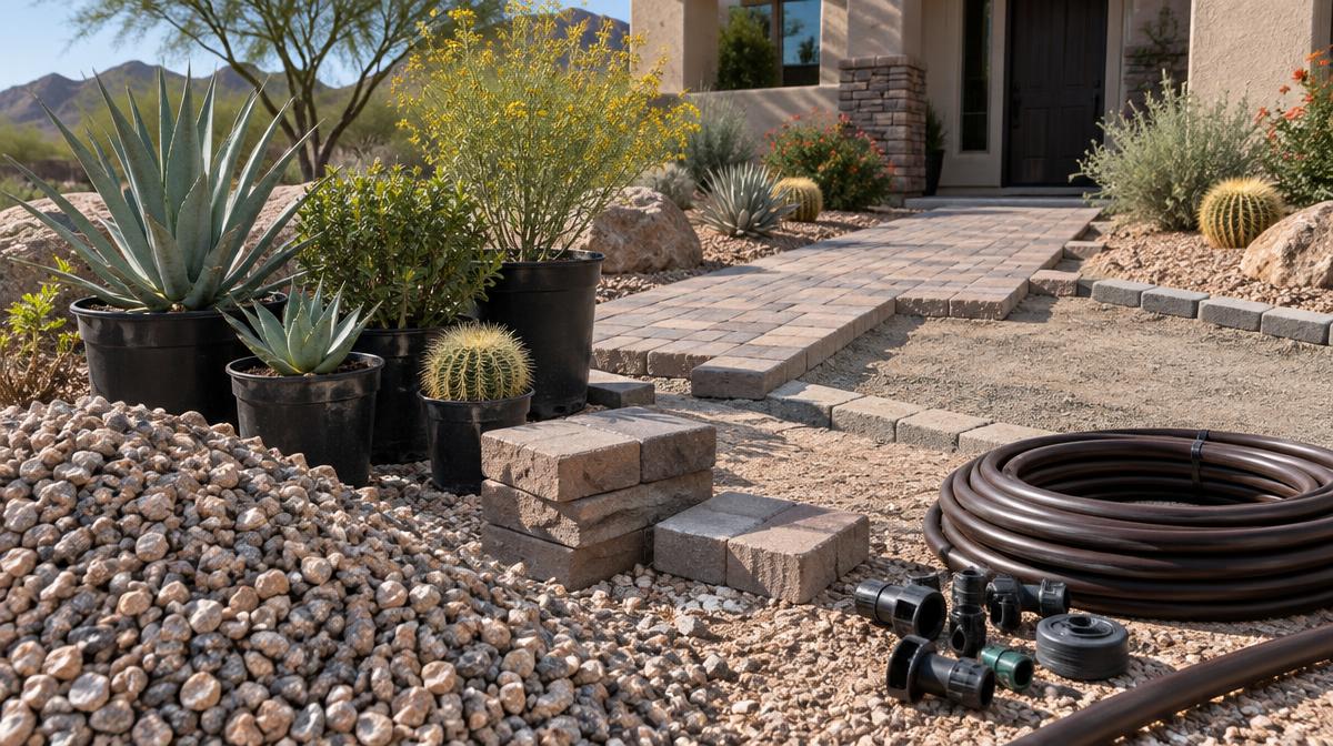 Pavers, irrigation fittings, and nursery plants illustrate materials that affect a Phoenix landscaping quote.
