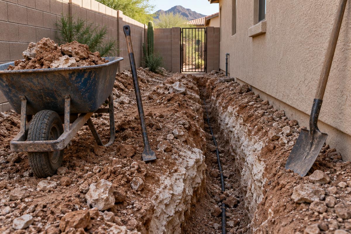 Caliche chunks, a narrow trench, and a wheelbarrow show labor challenges in a Phoenix side yard.