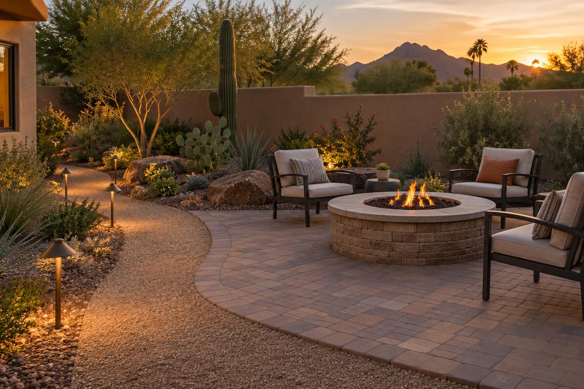 A Phoenix patio with a gas fire pit and brass path lights highlights optional landscaping costs.