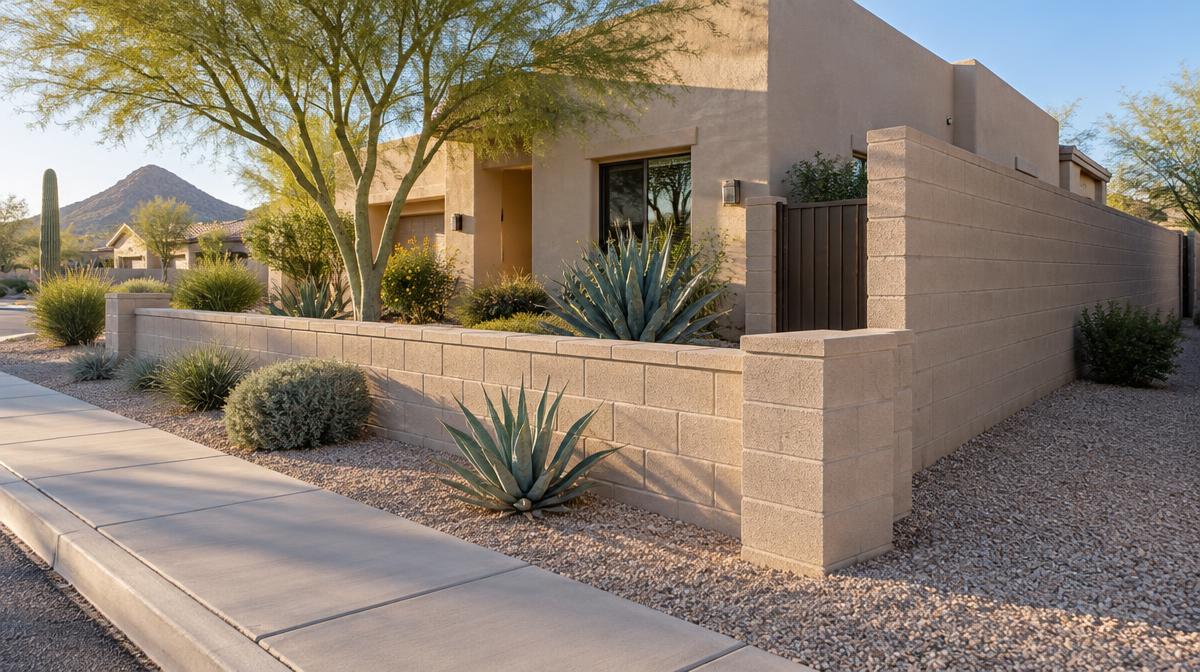Sand-colored block walls bordering a Scottsdale home with desert landscaping.