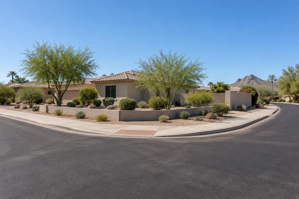 Low corner-lot block wall with open views across a Scottsdale residential intersection.