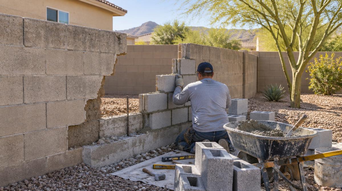 A Phoenix block wall repair with exposed footing and replacement blocks ready for installation.