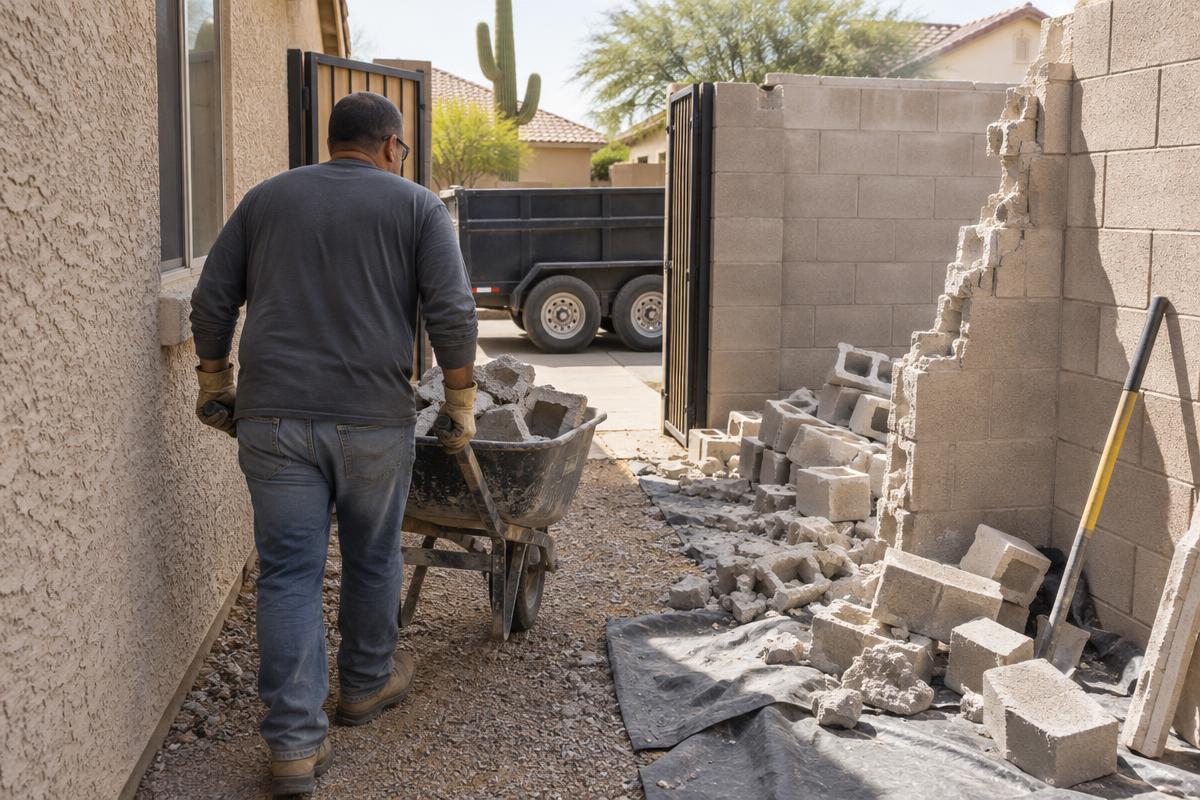 Broken concrete blocks hauled by wheelbarrow through a narrow Phoenix side yard.