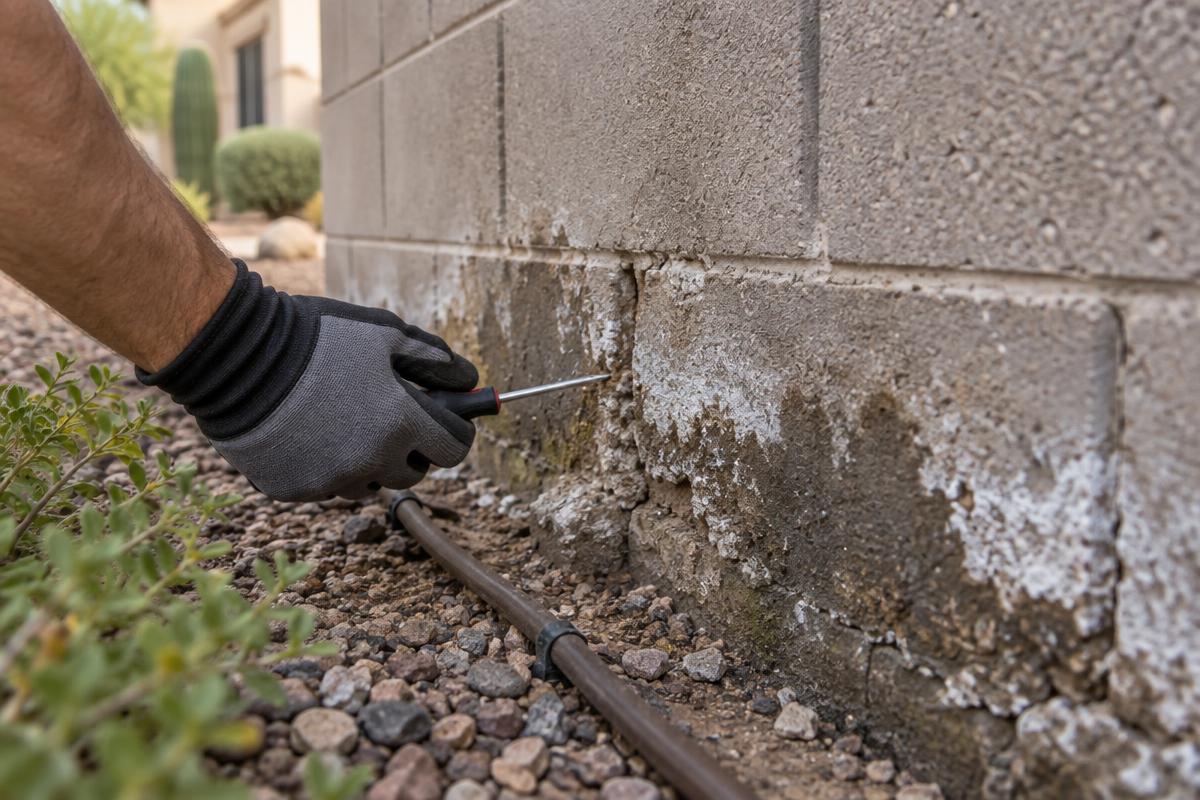 Mineral deposits and deteriorated mortar at the damp base of a Phoenix block wall.