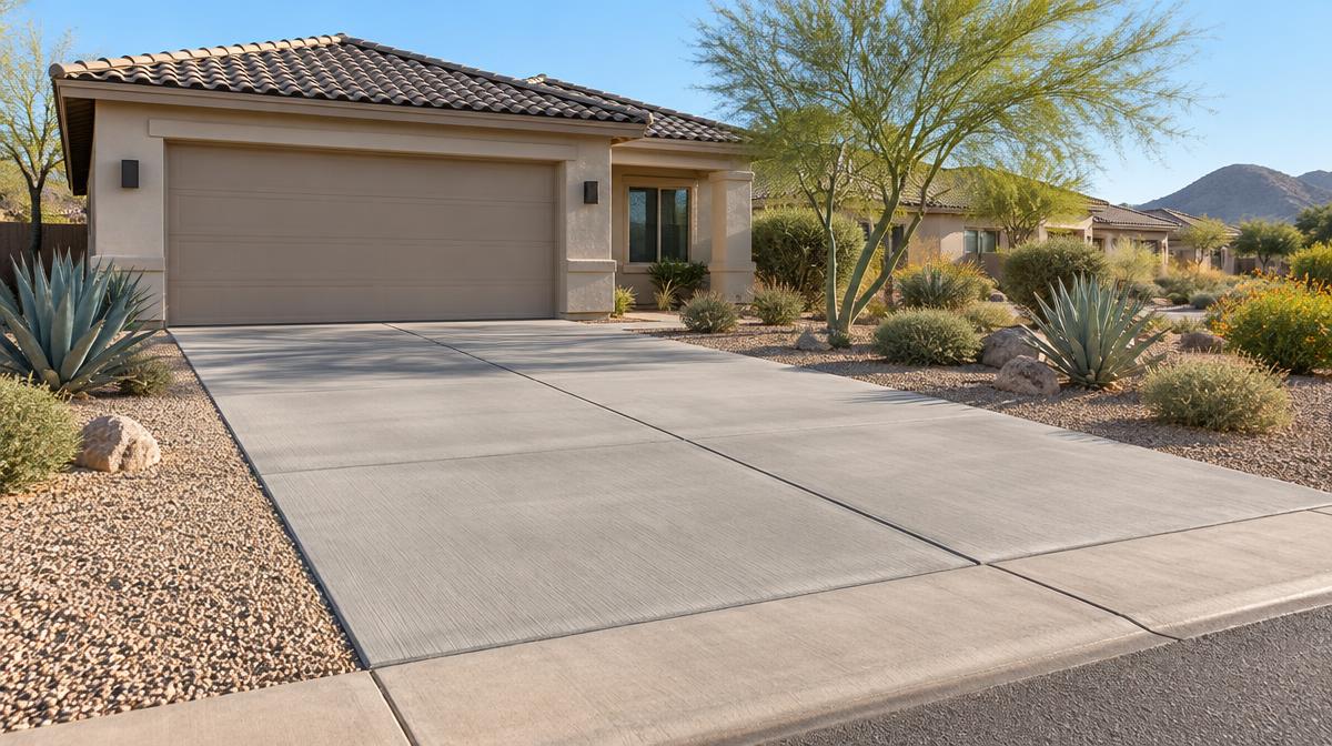 New concrete driveway with broom finish and control joints at a Phoenix home.