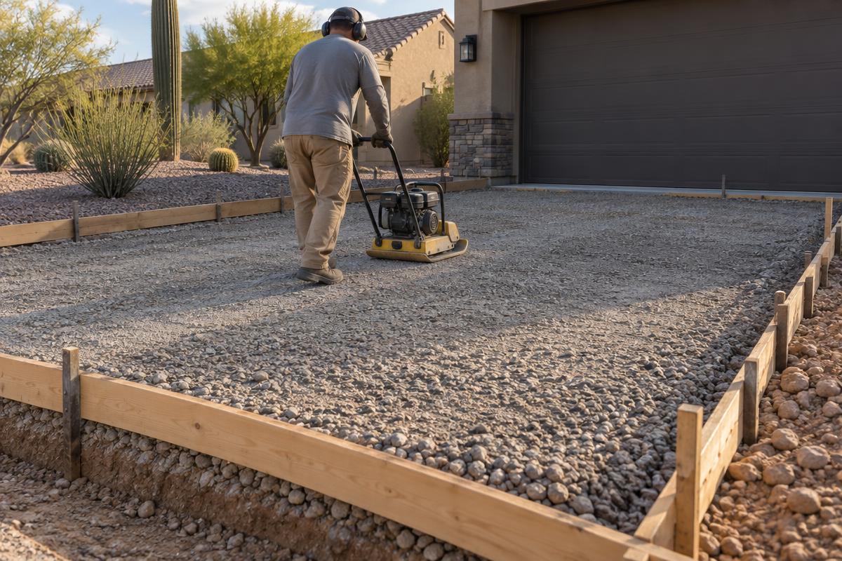 Worker compacts crushed aggregate inside driveway forms before a six-inch concrete pour in Phoenix.
