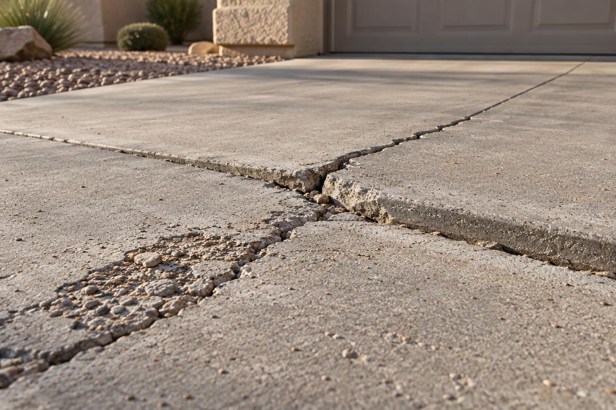 Uneven settlement crack and surface spalling beside a control joint in a Phoenix concrete driveway.
