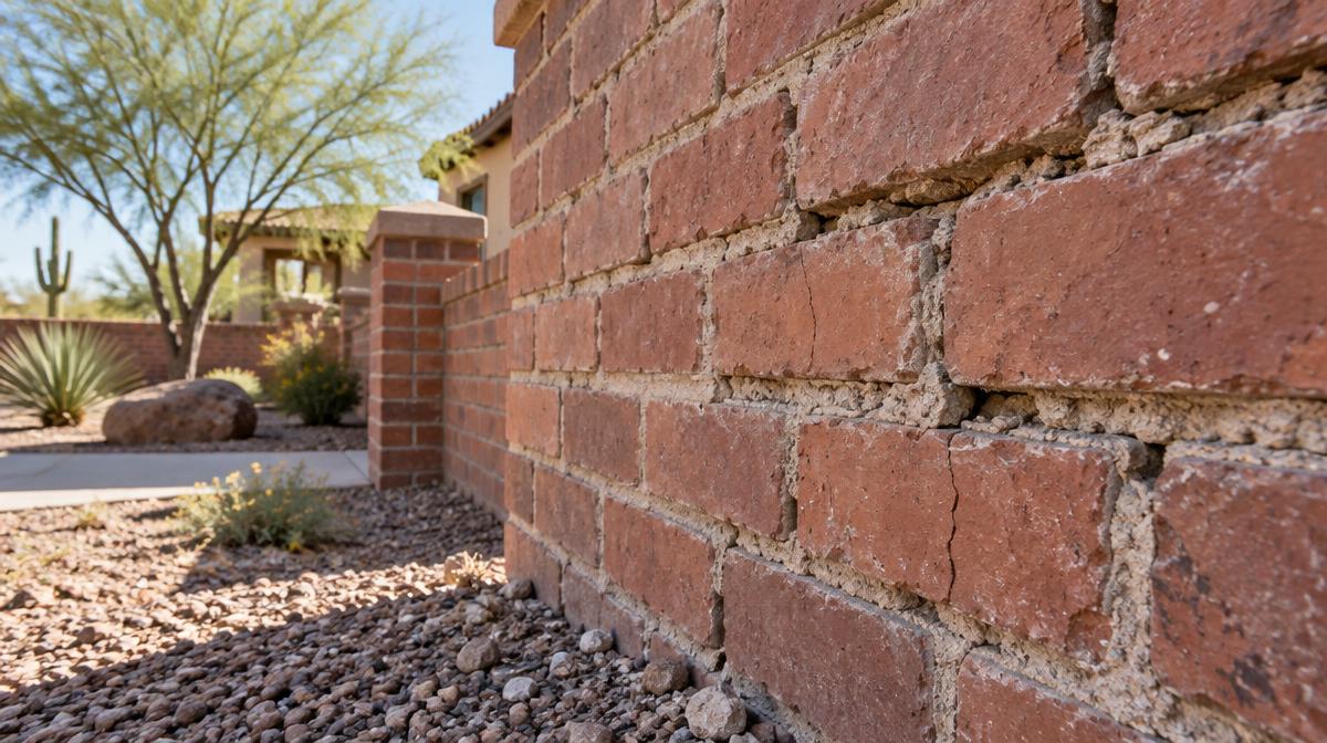 Cracked and recessed mortar joints in a Phoenix brick courtyard wall before tuckpointing.