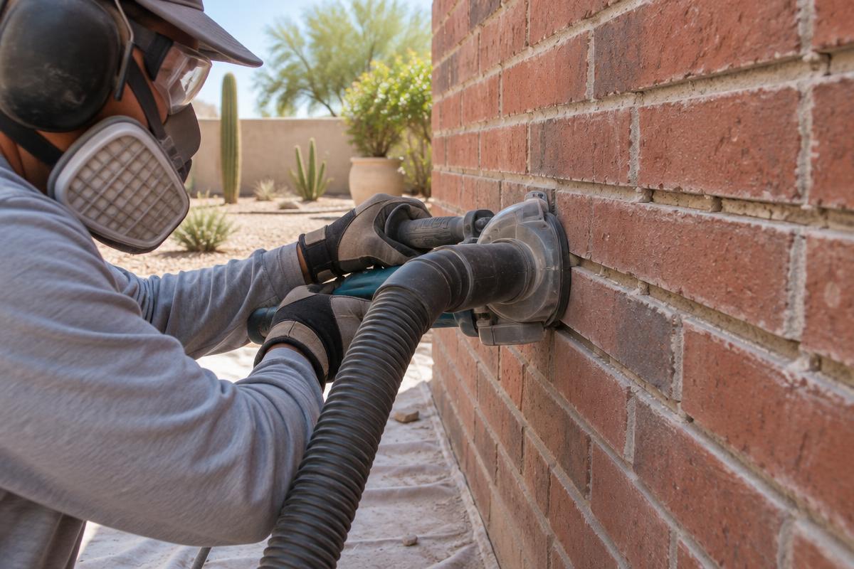 Mason removes failing mortar with a vacuum-equipped grinder at a Phoenix home.