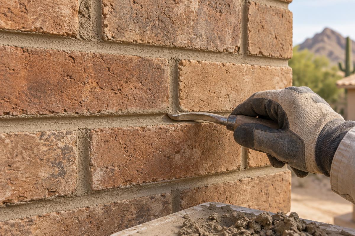 A mason tools fresh buff mortar into concave joints matched to an existing Phoenix brick wall.