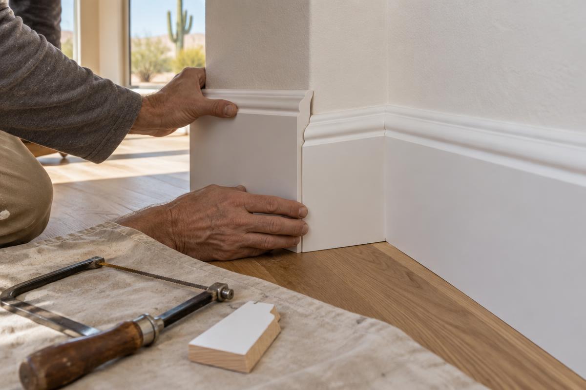 Installer fits a coped inside corner on tall white baseboards above new flooring.