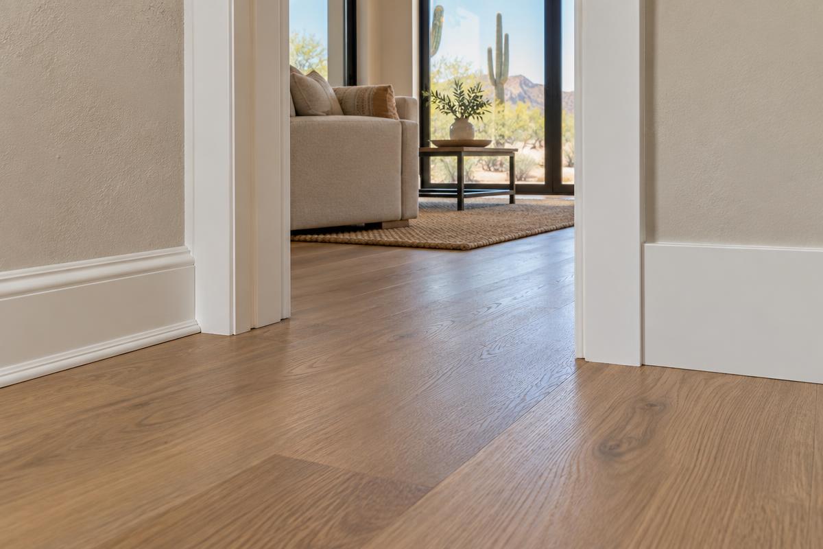 Traditional baseboard with shoe molding contrasts with taller flat trim beside an Arizona home's doorway.