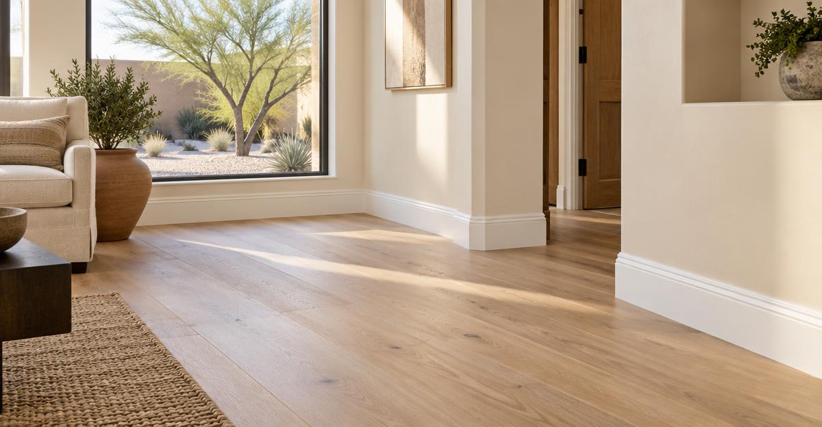 Exposed expansion gap beside new oak flooring and baseboard samples in an Arizona home.