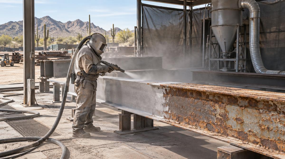 Rusty structural steel being media blasted in a contained Scottsdale industrial work area.