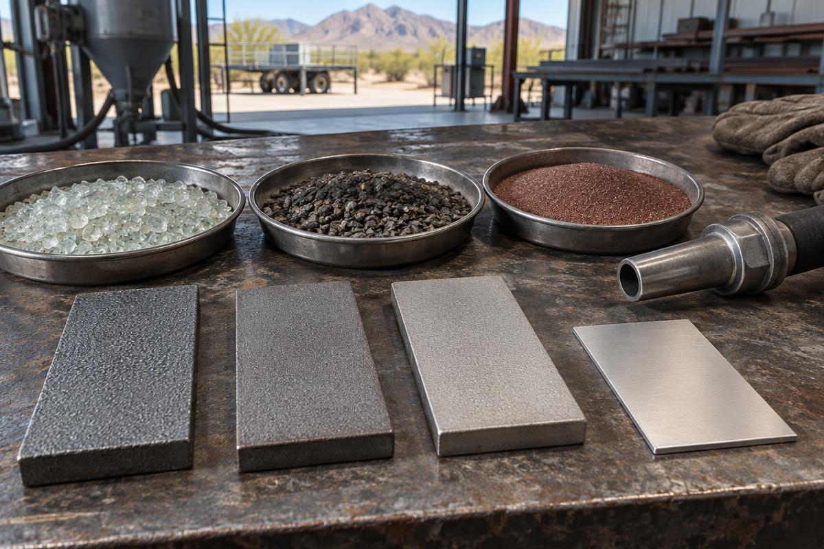 Blasting abrasive samples beside steel and aluminum test pieces in a Phoenix workshop.