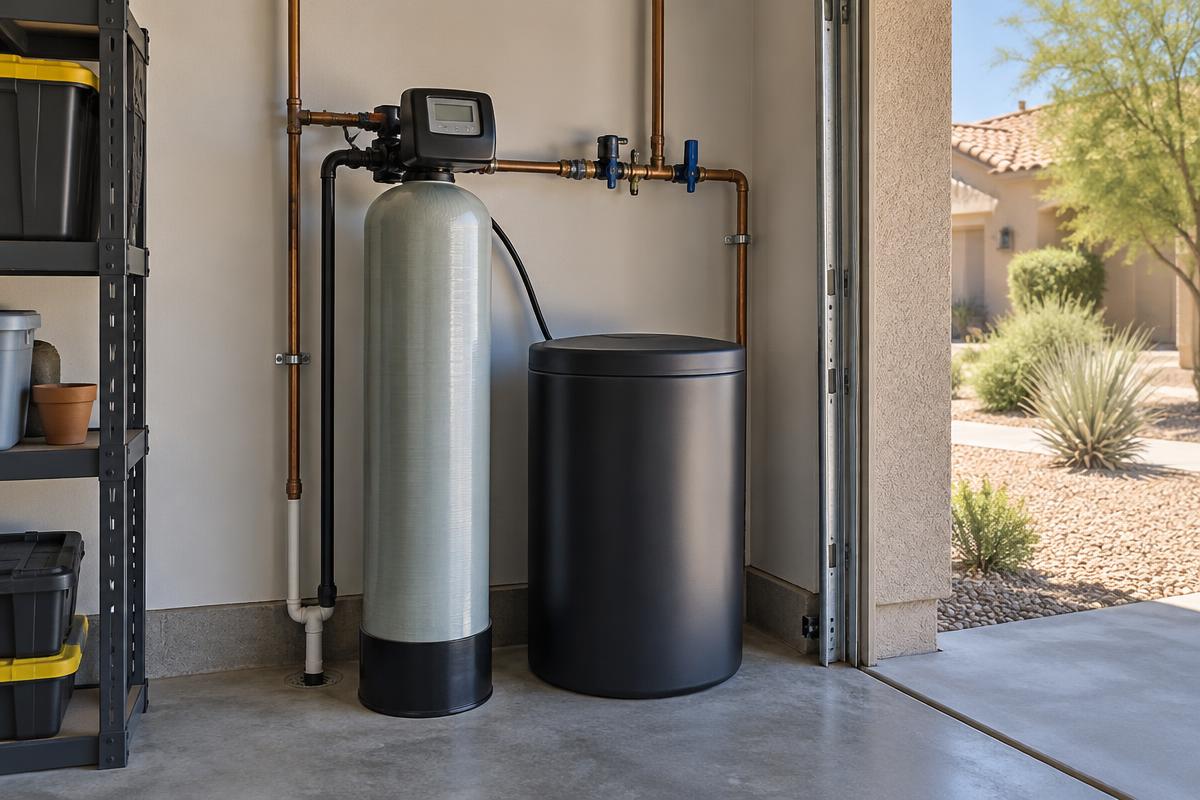 Whole-home water softener installed at the main water entry in a Peoria, Arizona, garage.