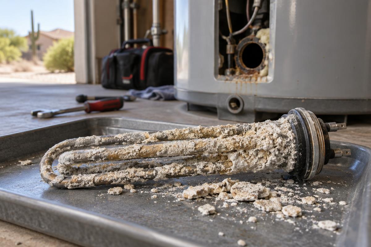 Chalky mineral scale coats a removed water heater heating element in a Peoria home.