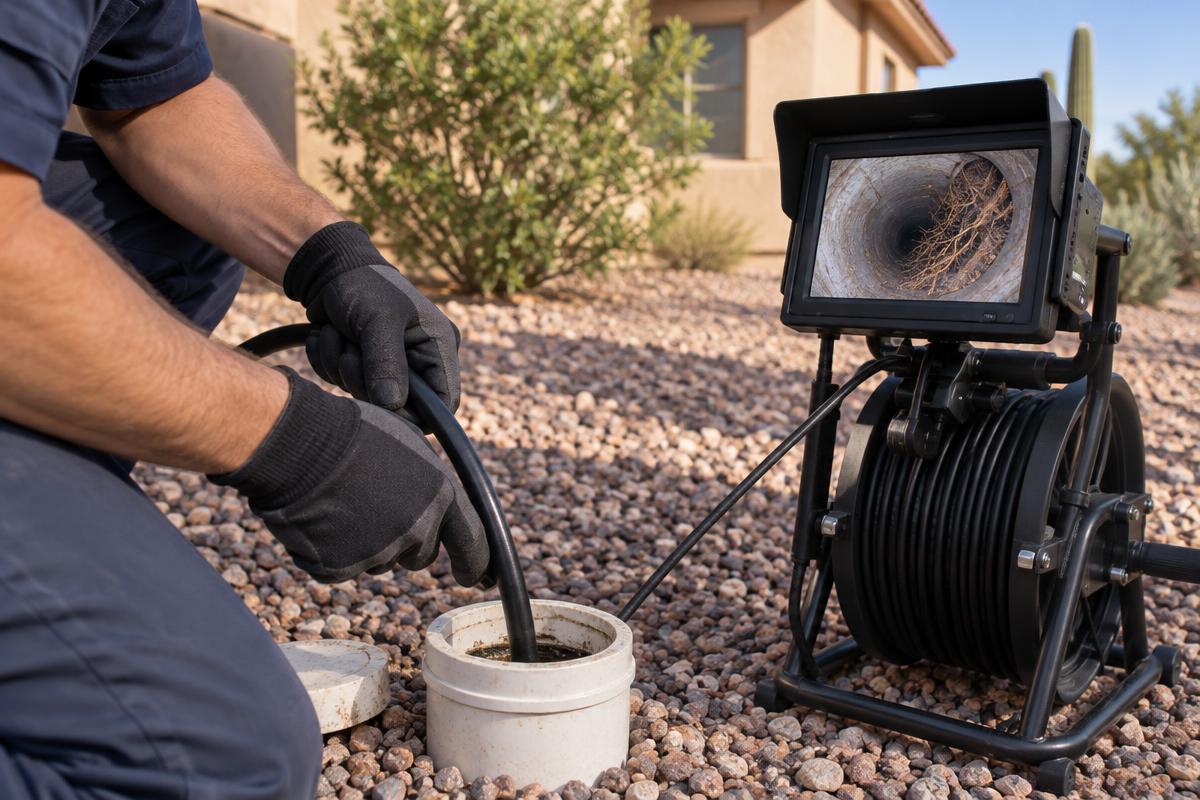 Plumber feeds a sewer camera into a cleanout outside a Phoenix home to locate a blockage.