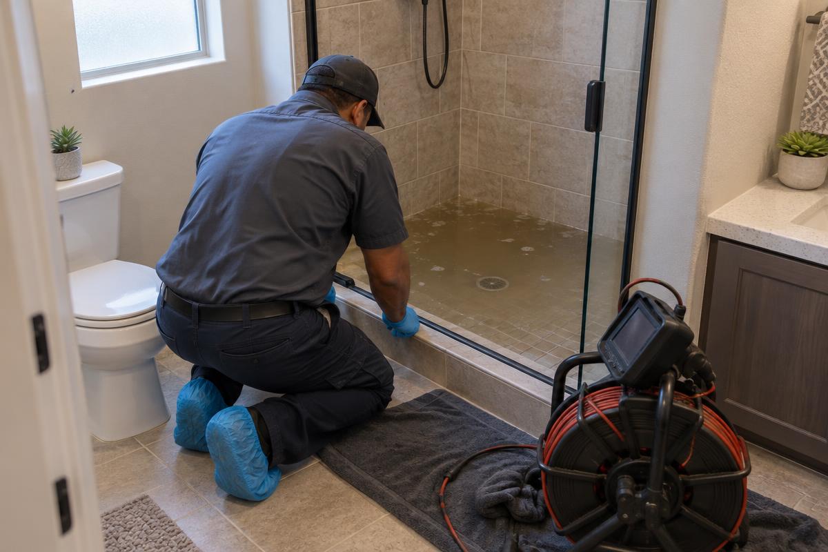 Technician assesses sewage backing up into a shower at a Peoria home.