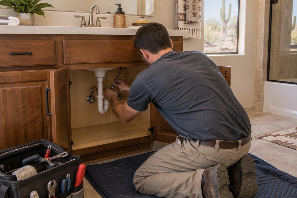 Plumber connects supply lines beneath a new bathroom faucet in a Peoria home.