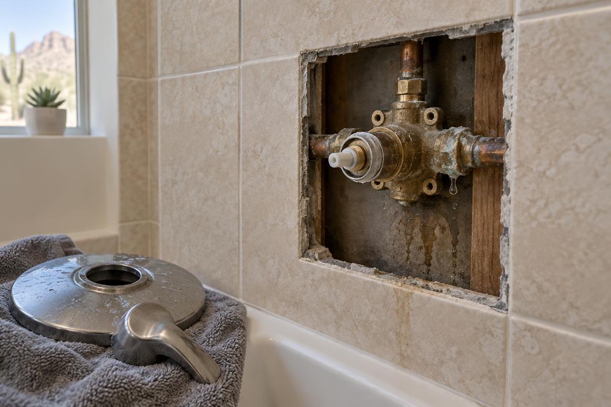 Exposed shower valve with mineral buildup and moisture behind bathroom tile in a Peoria home.